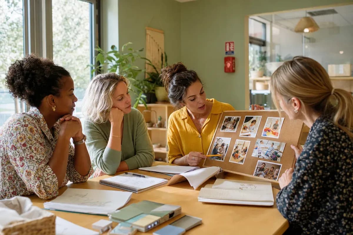 Des professionnelles de la petite enfance analysent ensemble des photos d’activités