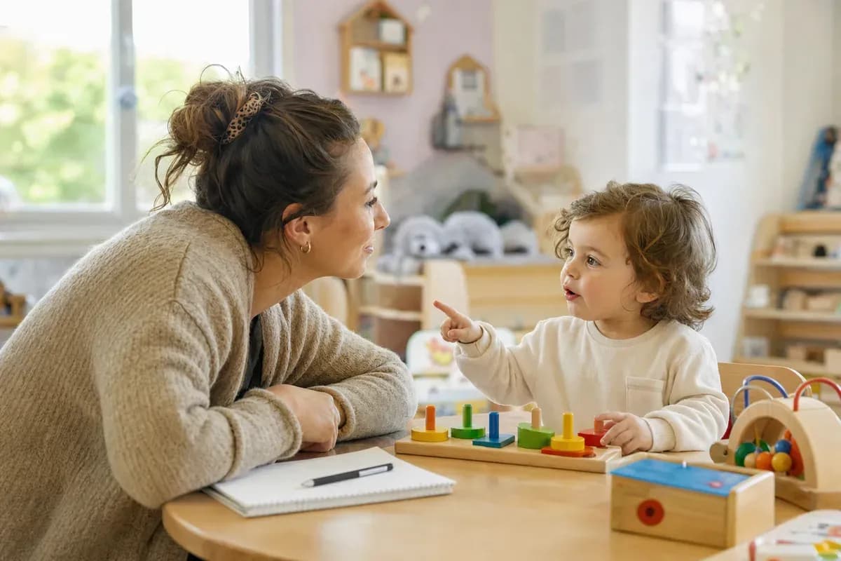 Une professionnelle de la petite enfance échange avec un enfant pendant une activité